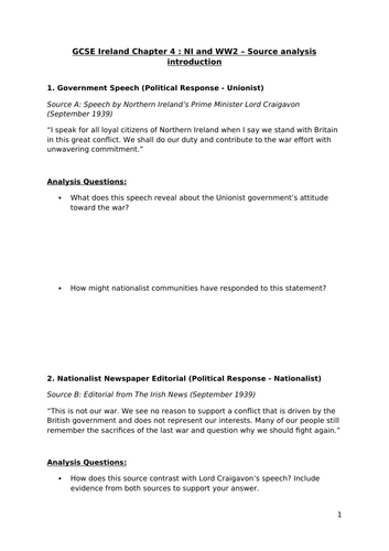 Northern Ireland’s Reaction to the Outbreak of WWII – Source Analysis Activity