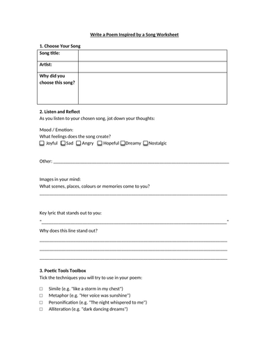 Write a Poem Inspired by a Song Worksheet