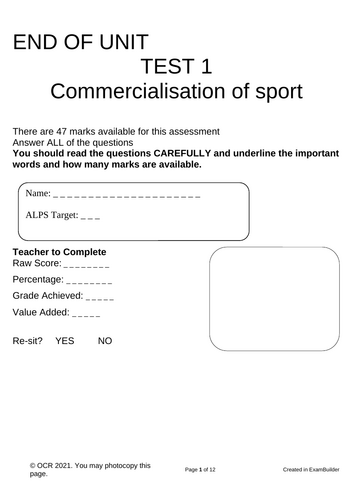 OCR A LEVEL PE COMMERCILISATION