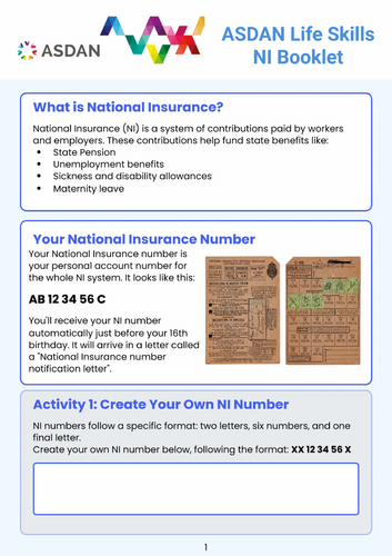 ASDAN Living Independently - National Insurance - A6