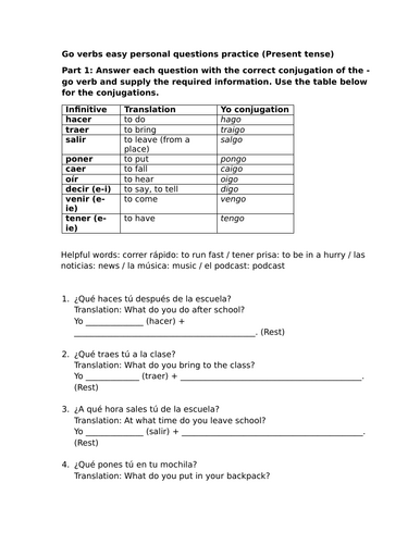 Go verbs easy personal questions practice