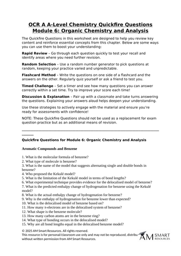 OCR A A-Level Chemistry Quickfire Questions Module 6: Organic Chemistry and Analysis