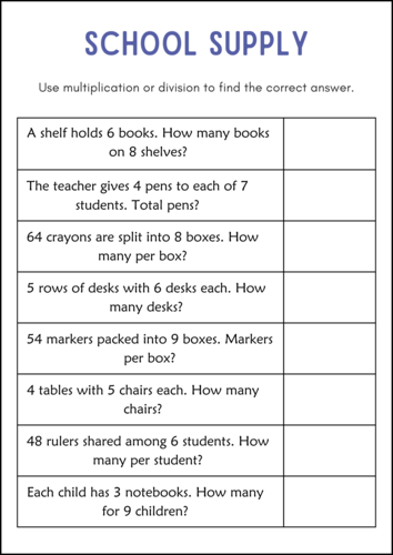 Multiplication and Division Word Problems Within 100 Worksheets for Grade 1, 2