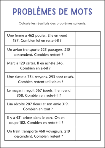 Addition and Subtraction Word Problems Within 1000 Worksheets in French