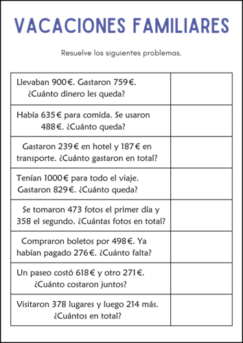 Addition and Subtraction Word Problems Within 1000 Worksheets in Spanish