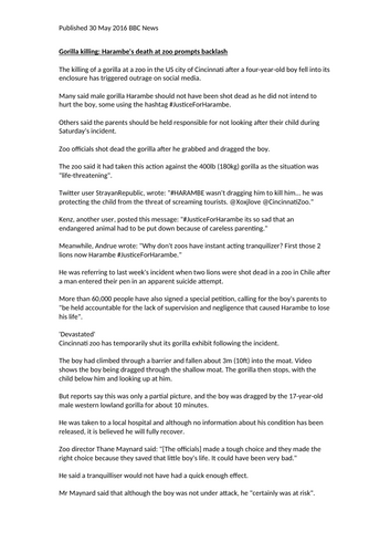 Creative Writing Assessment - Newspaper article on an incident at the Zoo