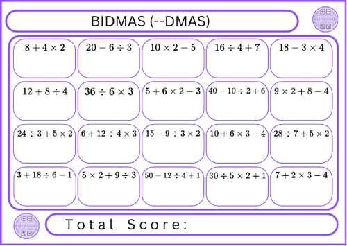 BIDMAS (--DMAS) - 20 Questions