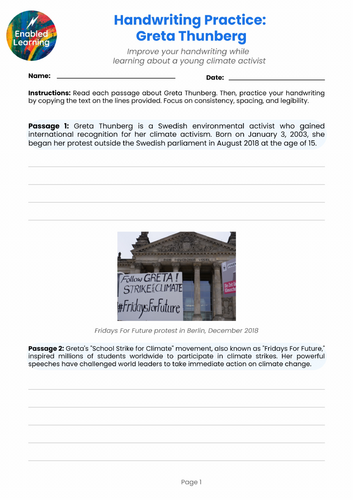 English Handwriting Practice and Creative Writing - Greta Thunberg
