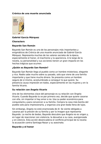 Crónica de una muerte anunciada by Gabriel García Márquez – Characters – Bayardo San Román