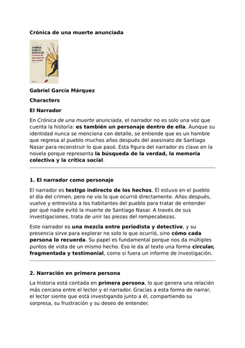 Crónica de una muerte anunciada by Gabriel García Márquez – Characters – The Narrator