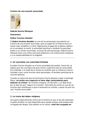 Crónica de una muerte anunciada by Gabriel García Márquez – Characters – Father Carmen Amador