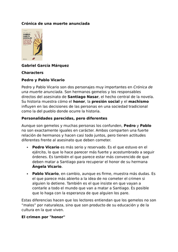 Crónica de una muerte anunciada by Gabriel García Márquez – Characters – Pedro y Pablo Vicario