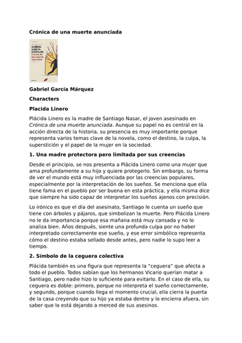 Crónica de una muerte anunciada by Gabriel García Márquez – Characters – Plácida Linero