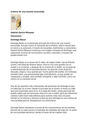 Crónica de una muerte anunciada by Gabriel García Márquez – Characters – Santiago Nasar