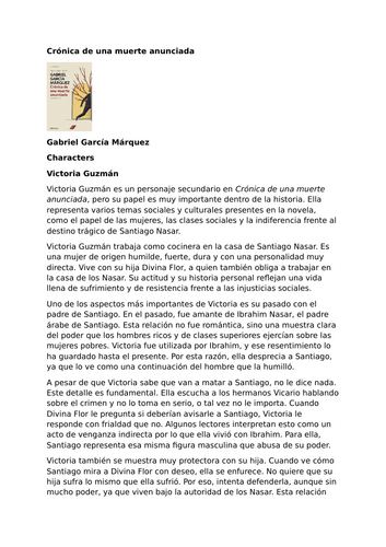 Crónica de una muerte anunciada by Gabriel García Márquez – Characters – Victoria Guzmán
