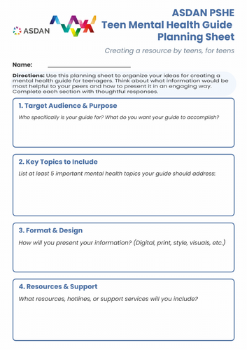 ASDAN PSHE - Planning Sheet for a Mental Health Well-being Document