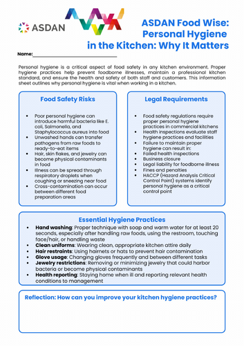 ASDAN Food Wise - Basic Food Safety - Personal Hygiene Task - A1