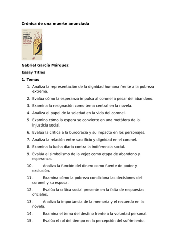 Crónica de una muerte anunciada by Gabriel García Márquez – Essay Titles