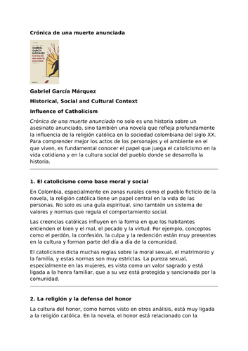 Crónica de una muerte anunciada by Gabriel García Márquez – Historical, Social and Cultural Context