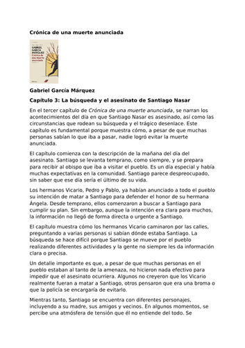 Crónica de una muerte anunciada by Gabriel García Márquez – Chapter 3