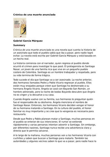 Crónica de una muerte anunciada by Gabriel García Márquez – Summary