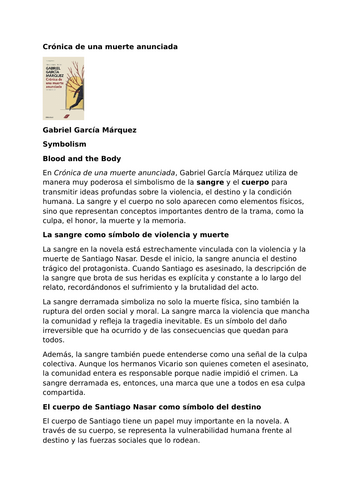 Crónica de una muerte anunciada by Gabriel García Márquez – Symbolism: Blood and the Body