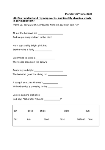 Texts that Teach - On the Pier rhyming couplets missing words