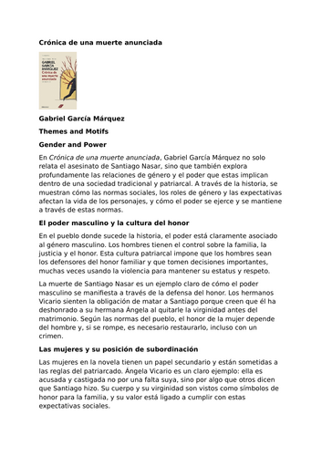 Crónica de una muerte anunciada by Gabriel García Márquez – Themes and Motifs – Gender and Power