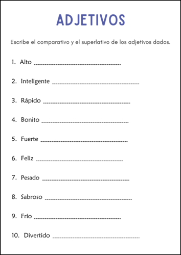 Superlative and Comparative Adjective Grammar Worksheets in Spanish