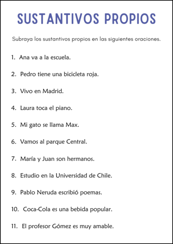 Nombres Propios y Comunes - Proper and Common Nouns Grammar Worksheet in Spanish