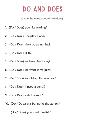 Beginner Do and Does Grammar Worksheets for Grade 2 - Questions Exercise