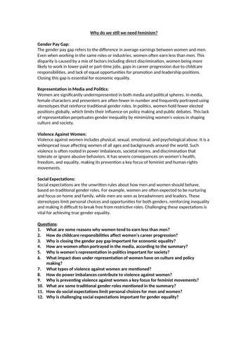 Why do we still we need feminism? Worksheet