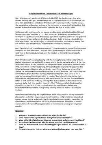 Mary Wollstonecraft: Early Advocate for Women's Rights Worksheet