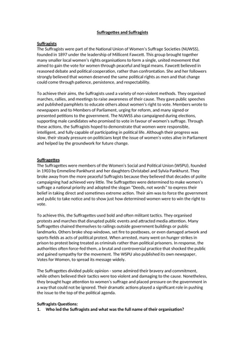Suffragists and Suffragettes Worksheet