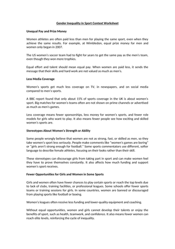 Gender Inequality in Sport Context Worksheet