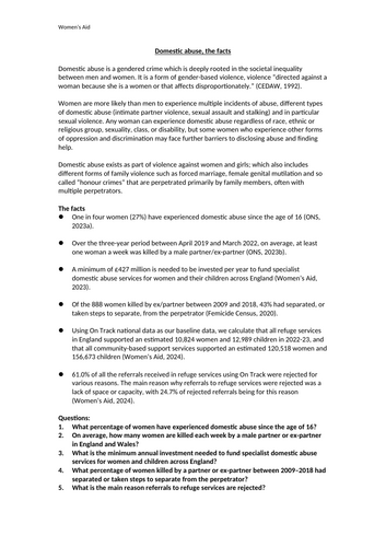 Domestic abuse, the facts Worksheet