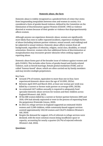 Domestic abuse, the facts Worksheet