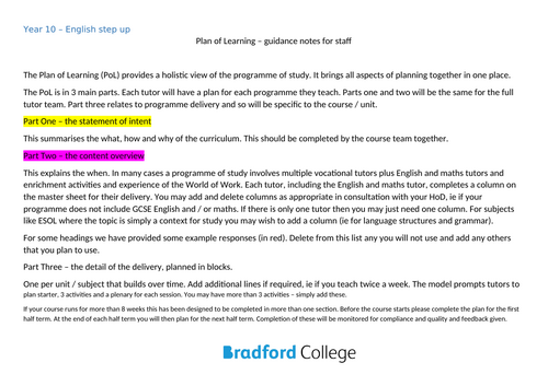Pol plan of learning used for college for year 10 11 english langauge