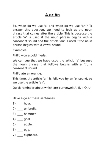 'A' or 'An' worksheet