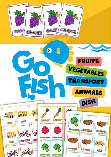 Go Fish Vocabulary Game – Fruits, Vegetables, Transport, Animals, Utensils | ESL