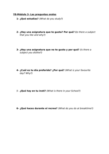 Viva 1 M3 Speaking assessment questions plus challenge Qs