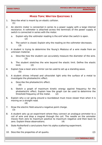 Revision: A Level Physics Mixed Written Questions