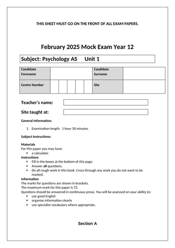 AS psychology mock paper 1 with mark scheme