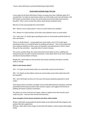 Gender, Sexism and Feminism - Body Image (Writing Assessment prep and Assessment)