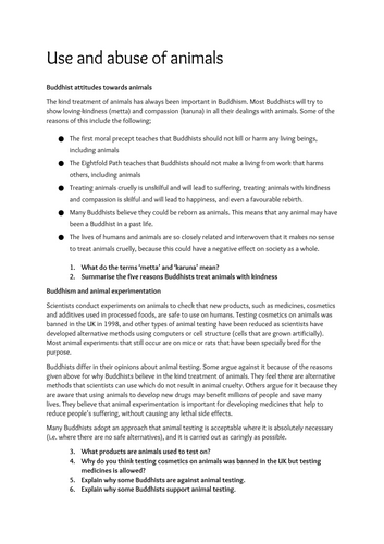Use and abuse of animals Buddhism KS3