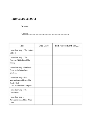 CHRISTIAN BELIEFS AQA SPECIFICATION A HOMEWORK BOOKLET