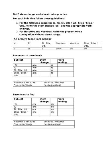 O-UE stem change verbs basic intro practice