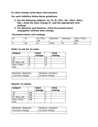 E-I stem change verbs basic intro practice