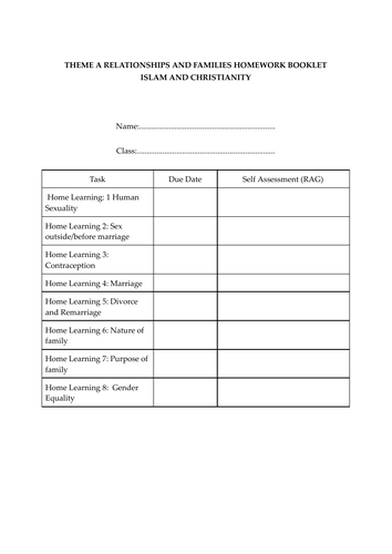 AQA RELIGIOUS STUDIES THEME A RELATIONSHIPS AND FAMILIES HOMEWORK BOOKLET