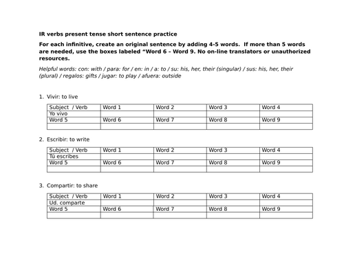 IR verbs present tense short sentence practice